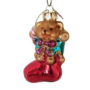 Teddy Bear Stocking Christmas Ornament Hand Blown Glass Thomas Pacconi Classics